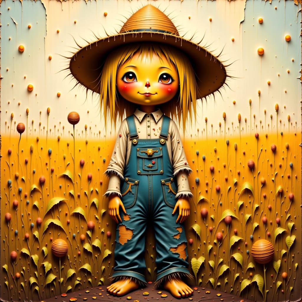 Whimsical Scarecrow in Sunny Cornfield, Folk Art Style