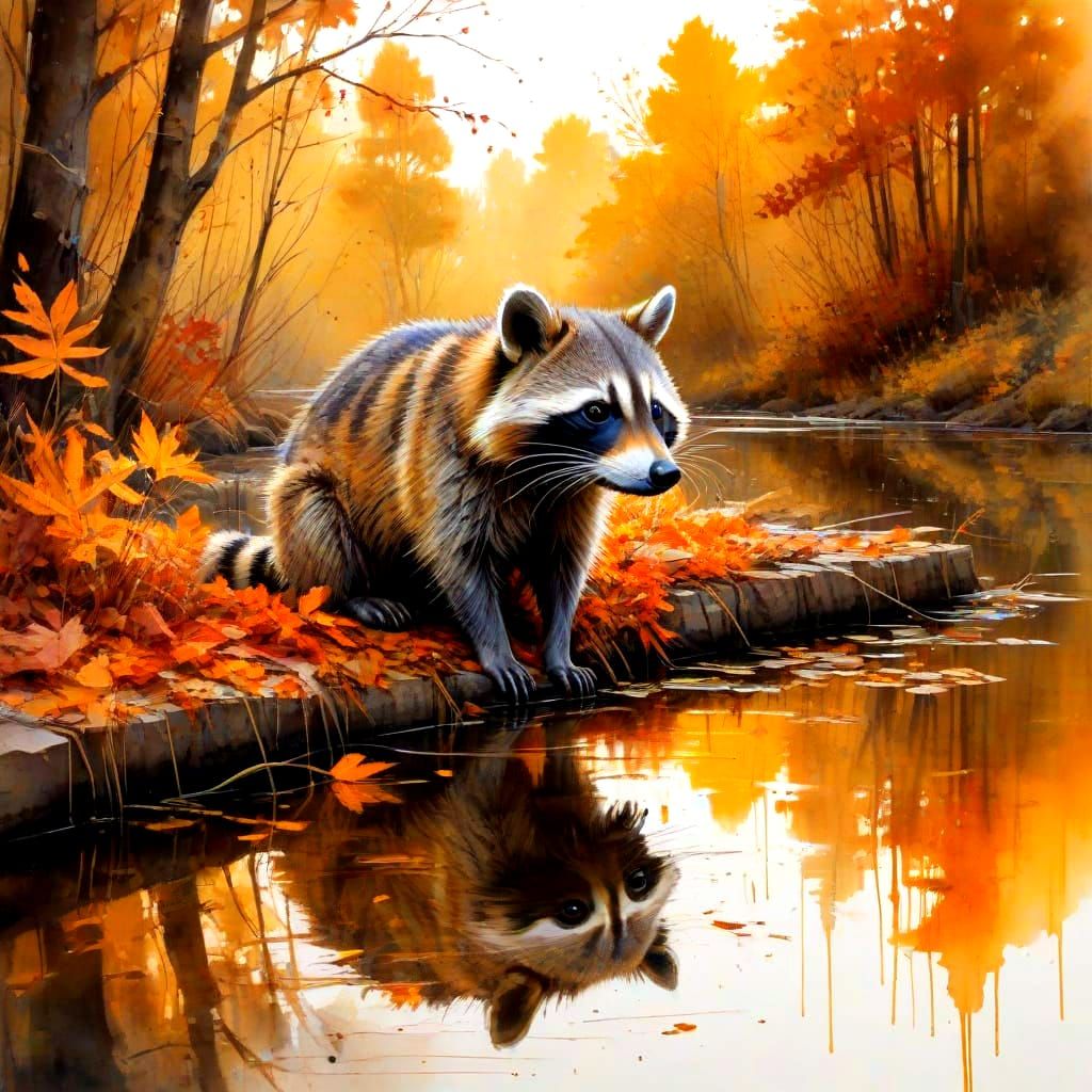Autumn Raccoon in Vibrant Watercolour Landscape