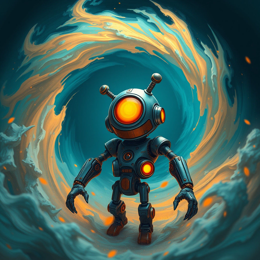 Mischievous Robot in Dreamlike Sci-Fi Landscape