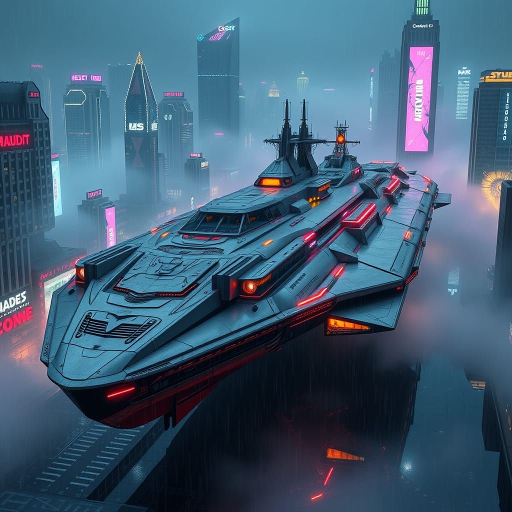 Gigantic Flying Craft Dominates Cyberpunk Cityscape in Neon-...