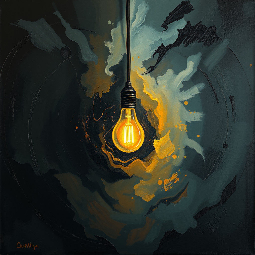 Glowing Bulb in Soot Vortex: Expressive Oil Painting