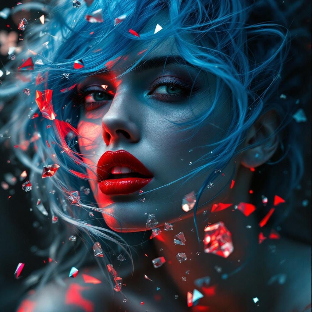 Surreal Portrait of Woman with Glitching Electric-Blue Hair