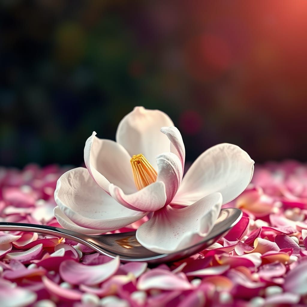 Hyperrealistic Magnolia Blossom on Spoon with Petals