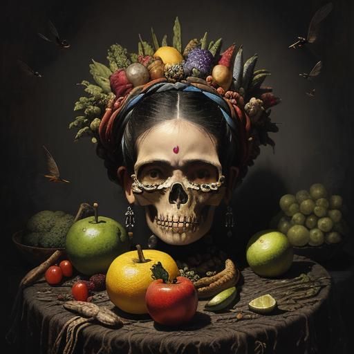 Still Life: Frida Kahlo Angel Skull with Fruit