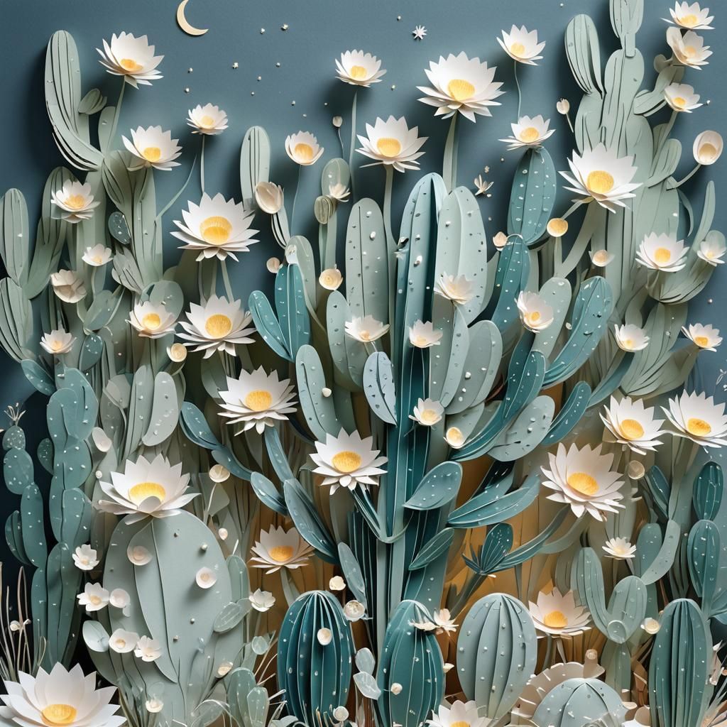 Moonlit Cactus Paper Sculpture: 3D Paper Art