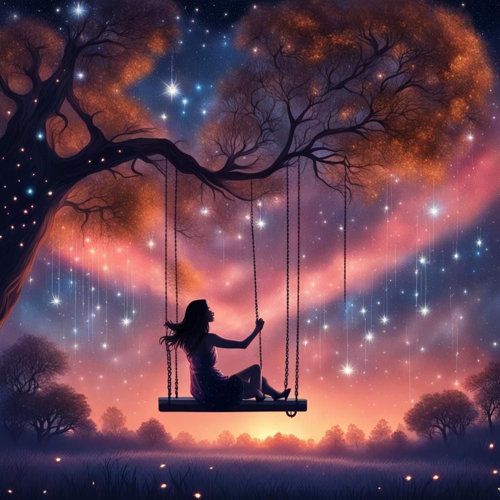 Woman on Swing Under Cosmic Night Sky
