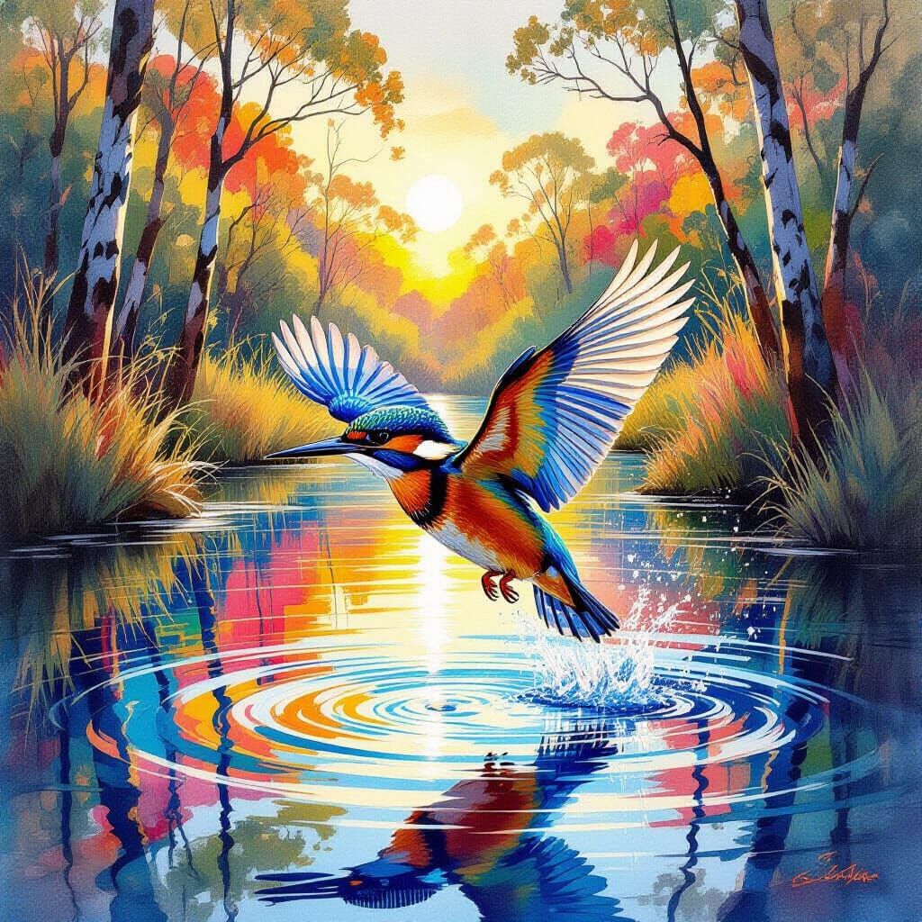 Kingfisher Diving, Iridescent Feathers, Dreamtime Art