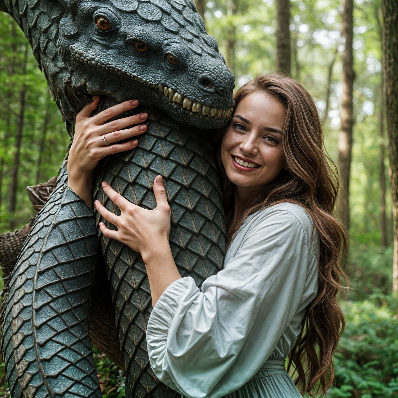 Woman's Joyful Embrace of Dragon Leg
