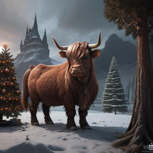 Highland Cow and Christmas Tree in Detailed Matte Painting
