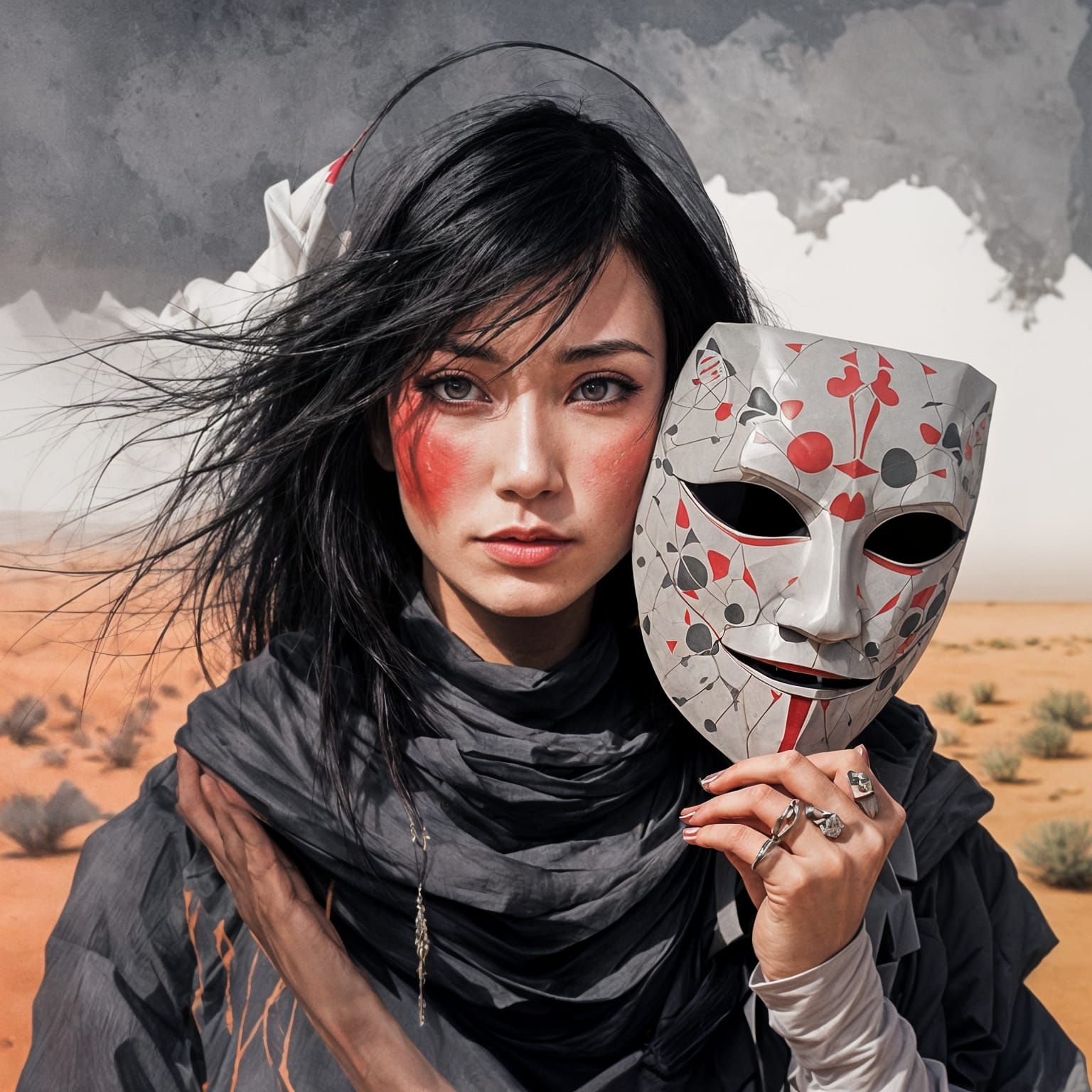 Woman in Desert with Kabuki and ONI Masks