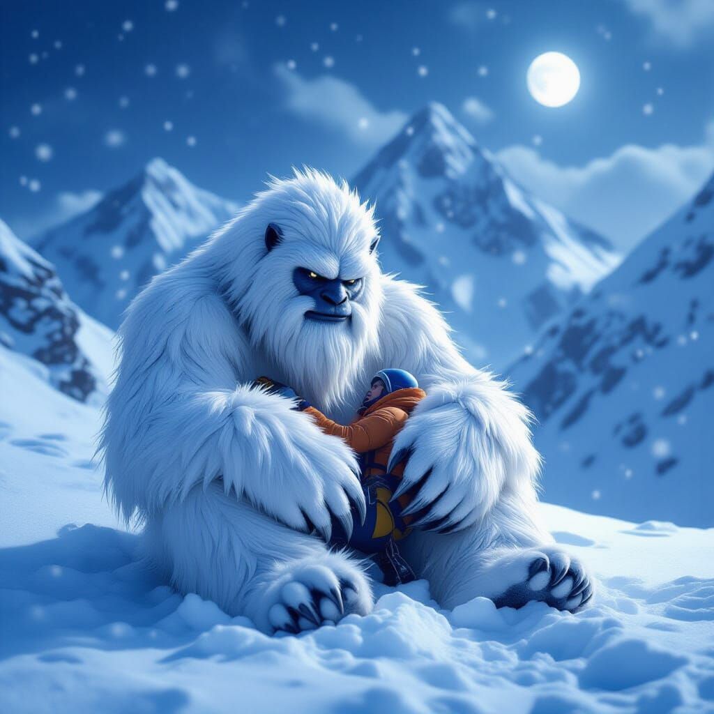 Yeti Cradling Climber in Snowy Himalaya, Photorealistic