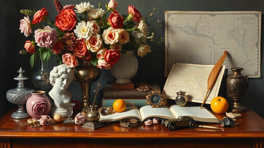 Detailed Vanitas Still Life with Flowers and Objects