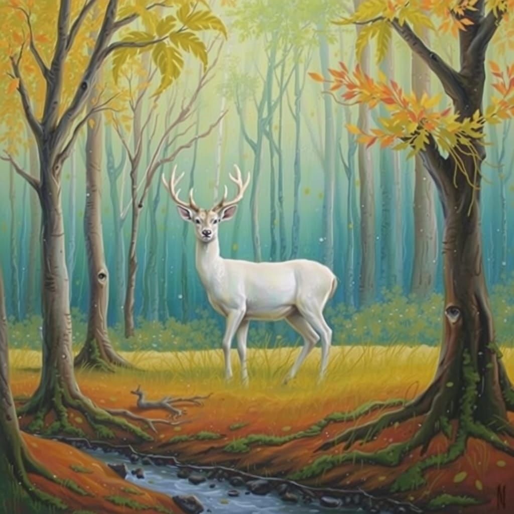 White Deer in Neo-Impressionist Landscape