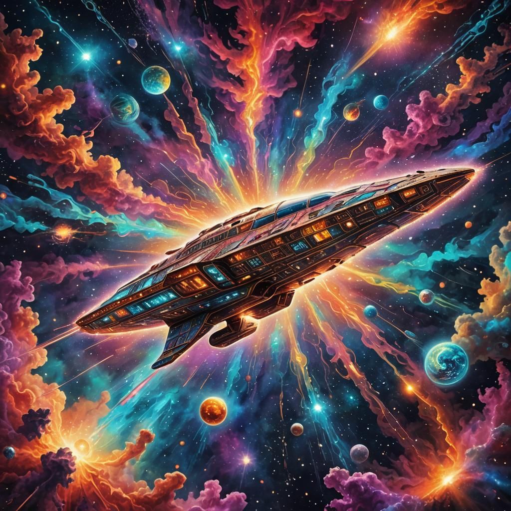 Astral Spaceship Drifting Through Vibrant Cosmic Nebula