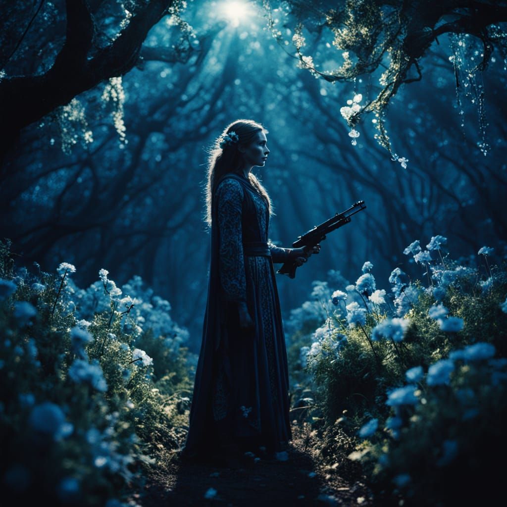 A powerful enchantress stands in a glowing twilight forest