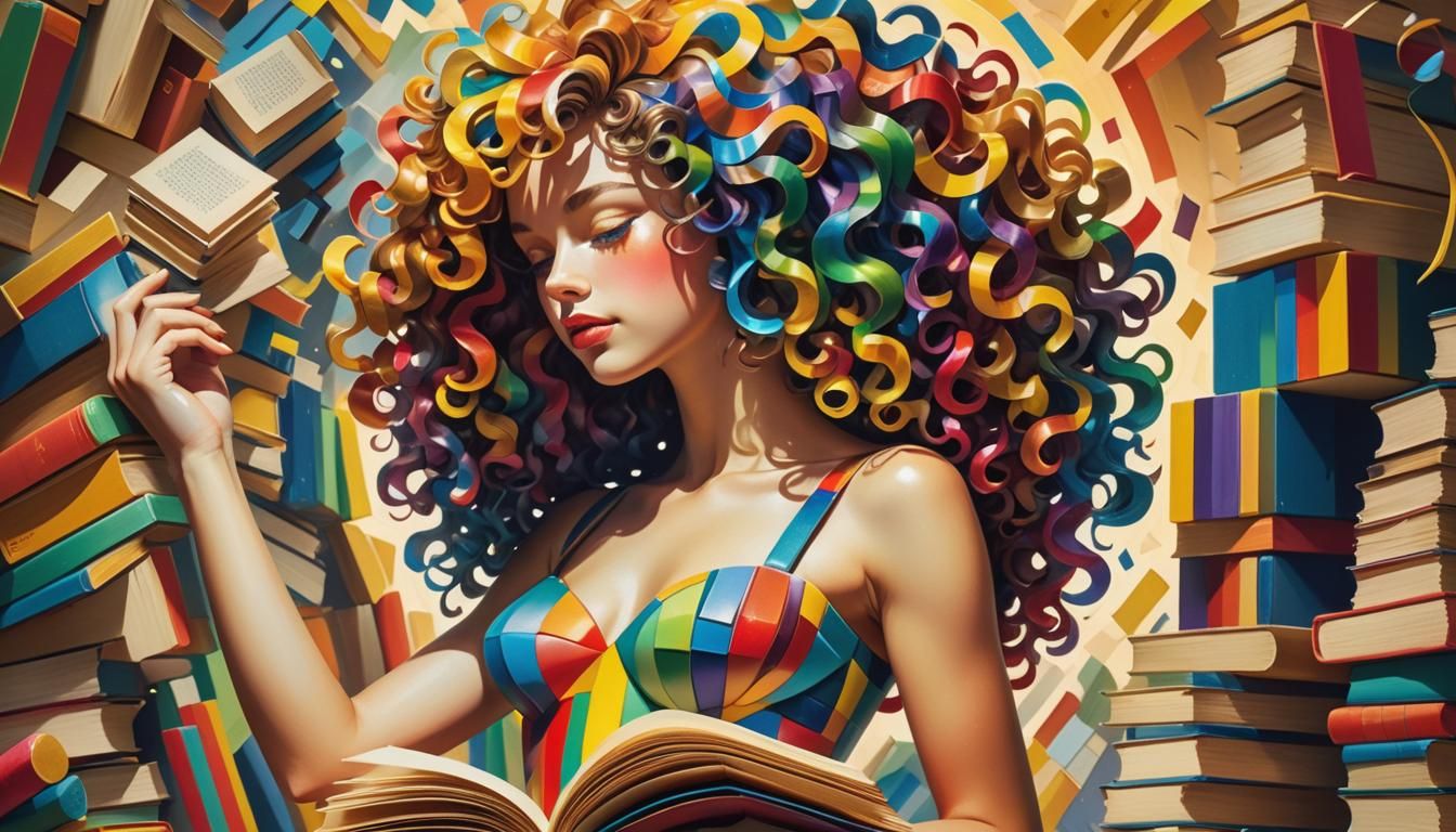 Rainbow Book Woman in Cubist Manga Style