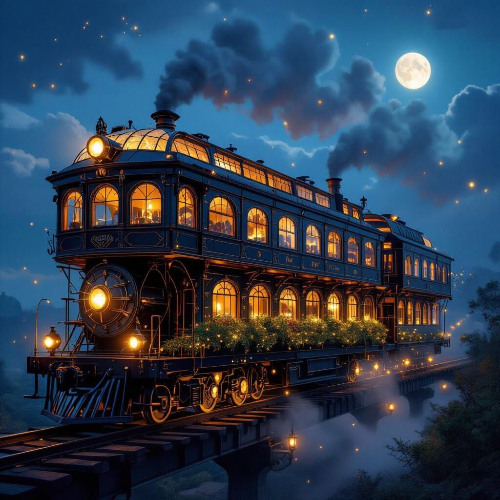 Enchanted Steampunk Train with Glowing Lights