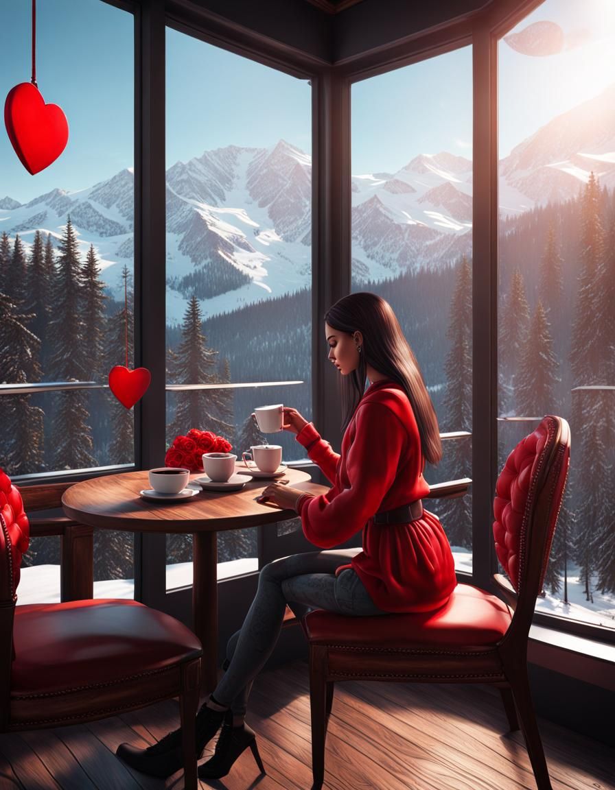 Detailed Cafe Scene with Snowy Mountain View