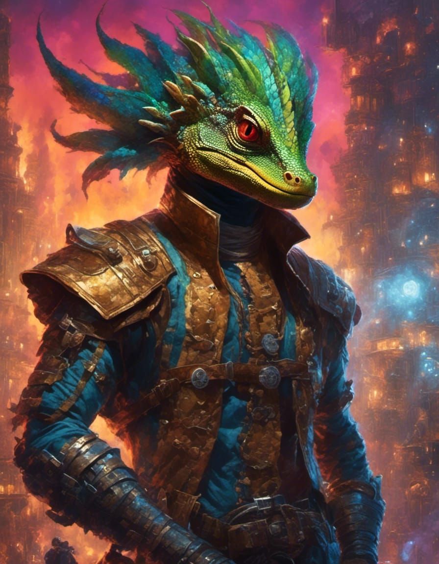 Punk Lizard in Dystopian Future: Digital Watercolor