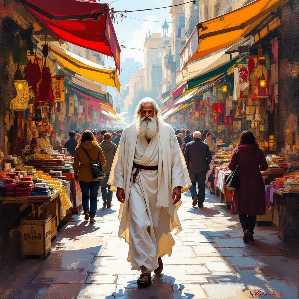 Holy Man in Bustling Market Oil Painting