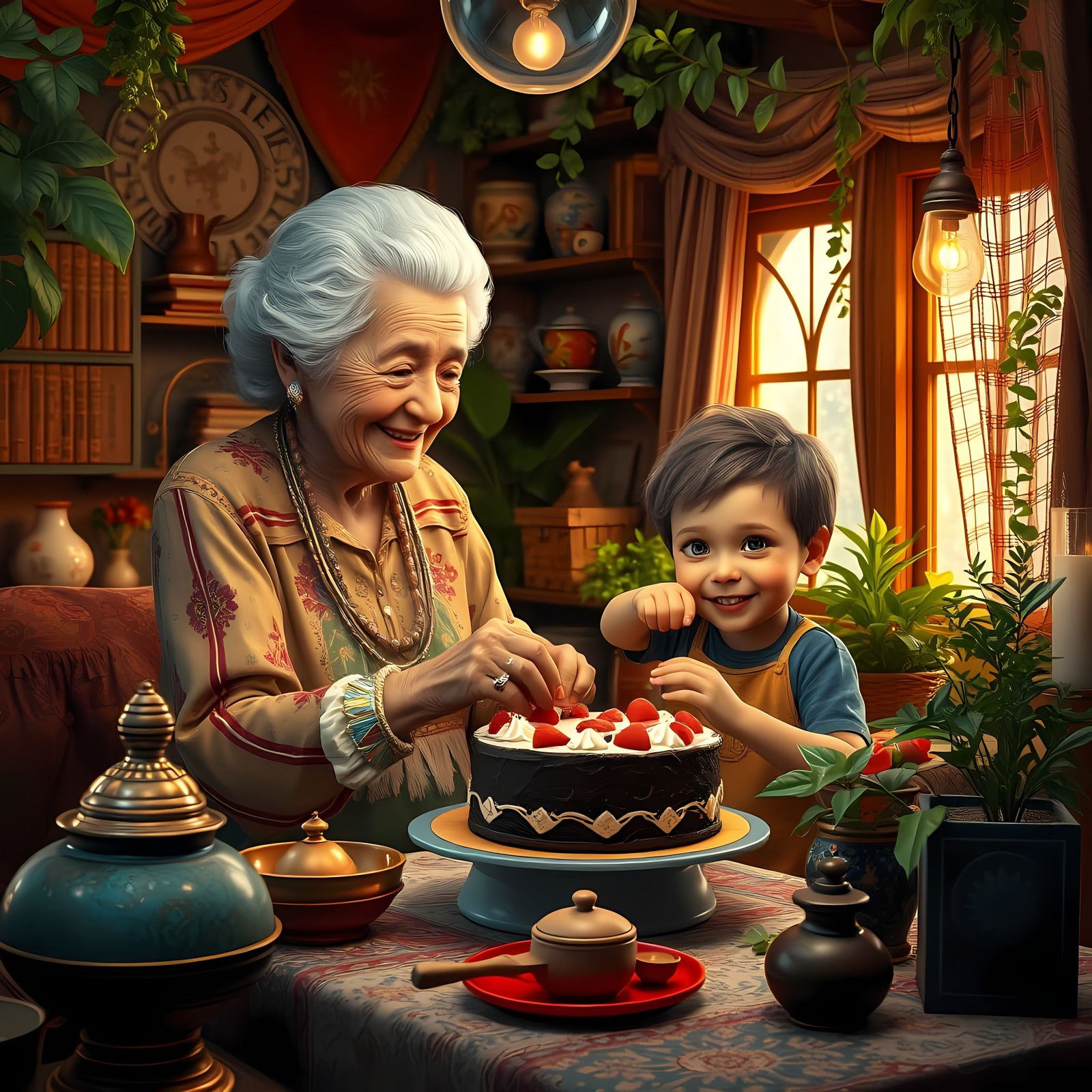 Grandmother Enjoys Making a Cake with a Young Boy in a Vibra...