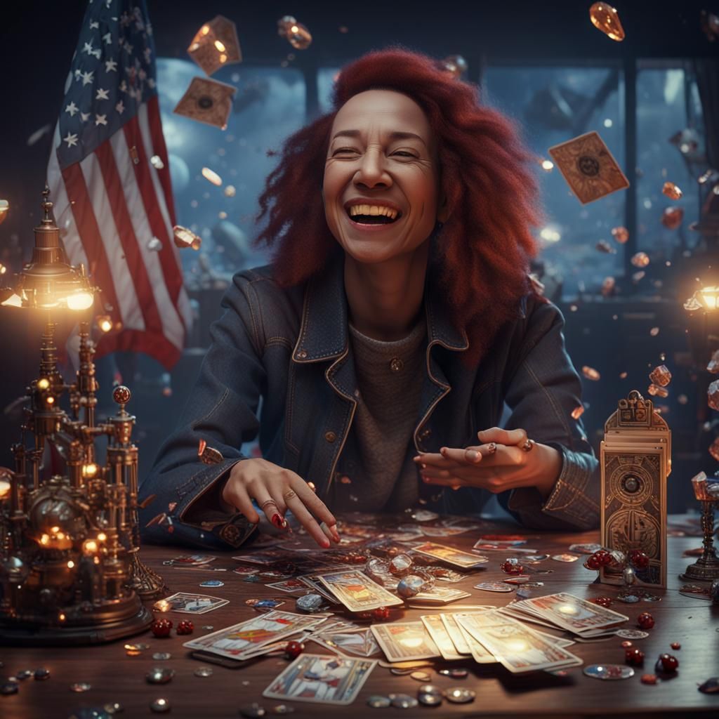 Laughing Woman with Tarot Cards in Sci-Fi Style