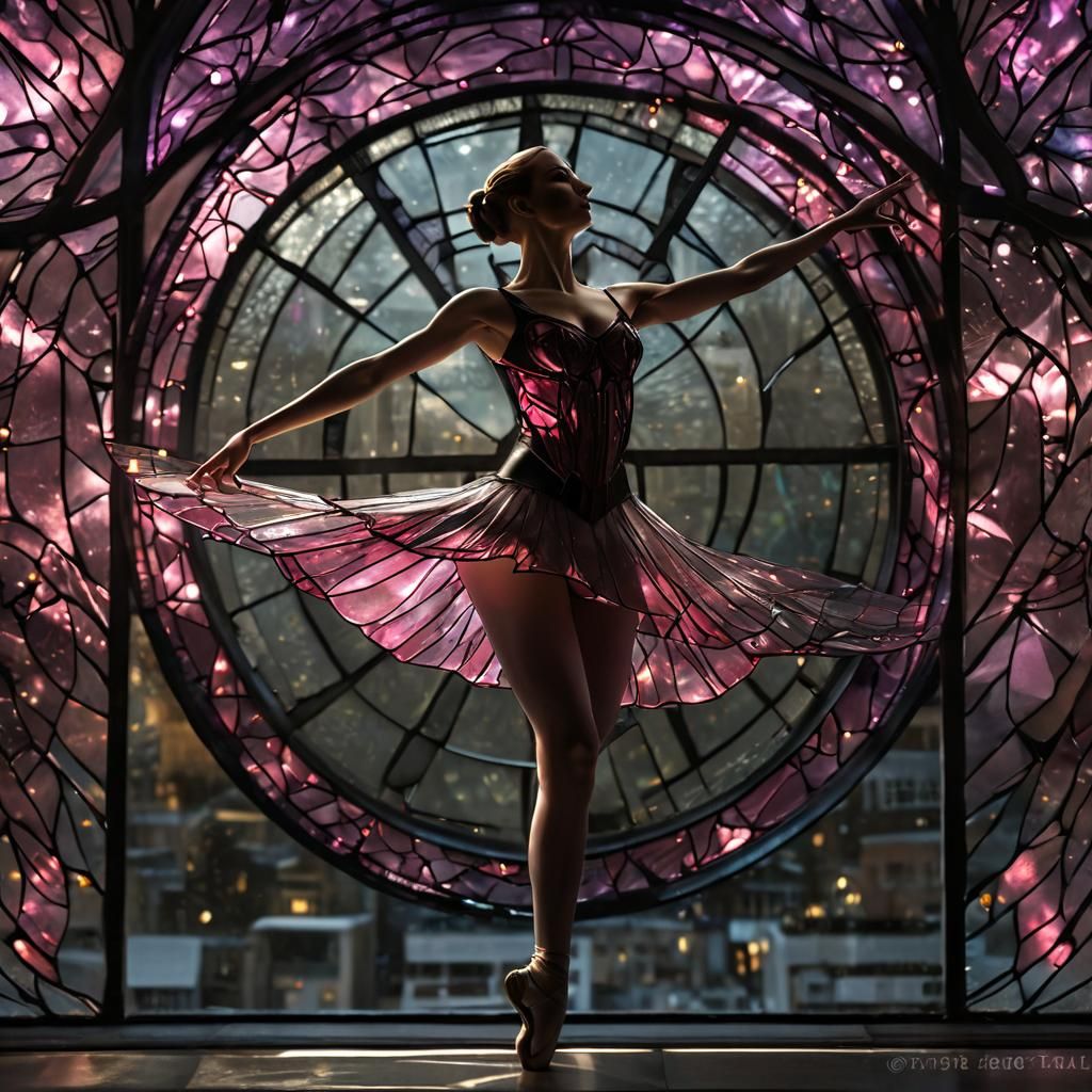 Stained Glass Ballerina Dancing in Dark Studio