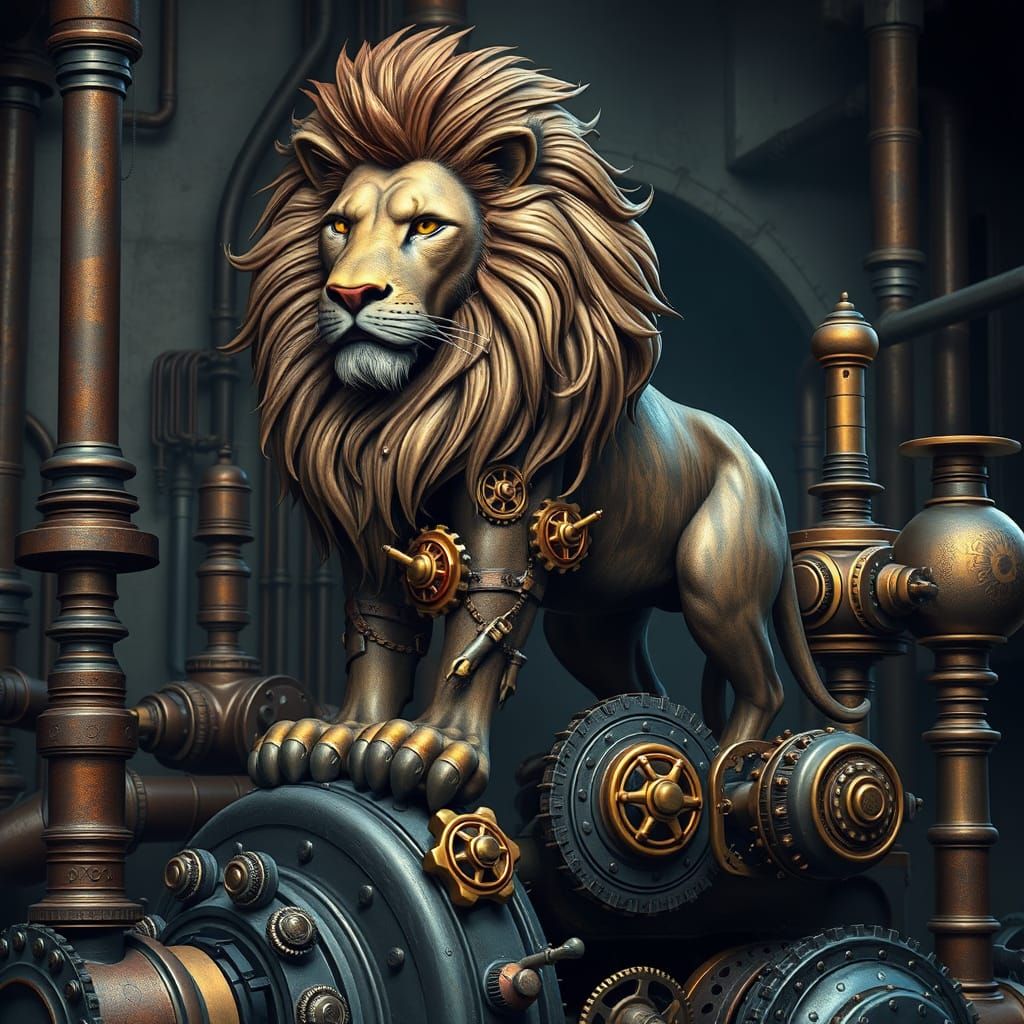 Steampunk Lion on Engine with Gears and Valves