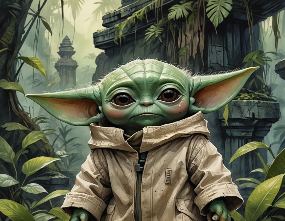 Baby Yoda Portrait in Jungle Temple, Digital Watercolor