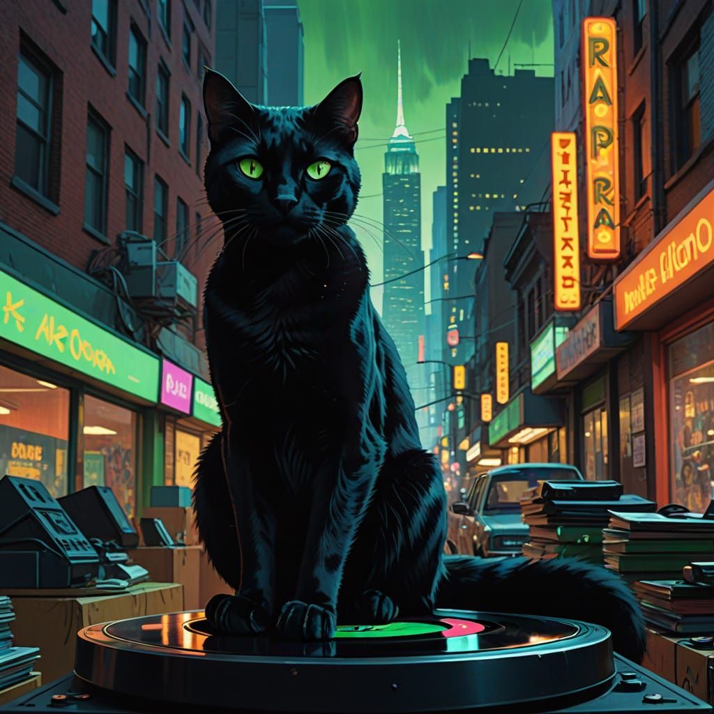 Black Cat in Neon City: A Film Noir Scene
