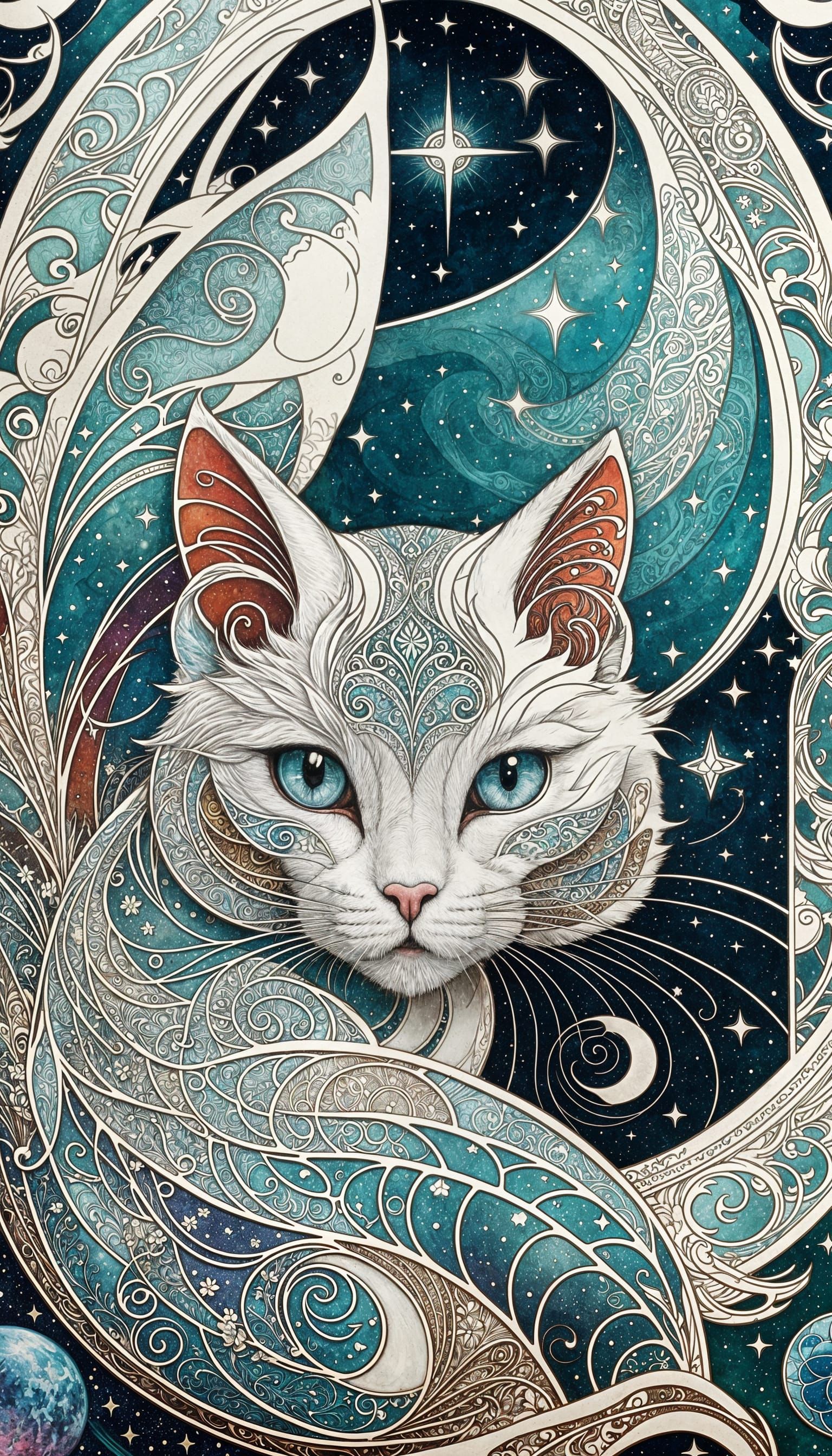 Stellar Dream Cat in Art Nouveau Paper Style