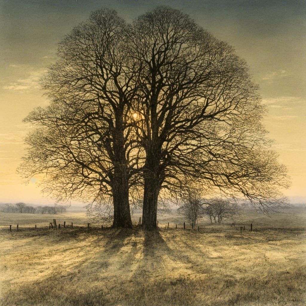 Lake Landscape with Ancient Oak Trees at Dusk
