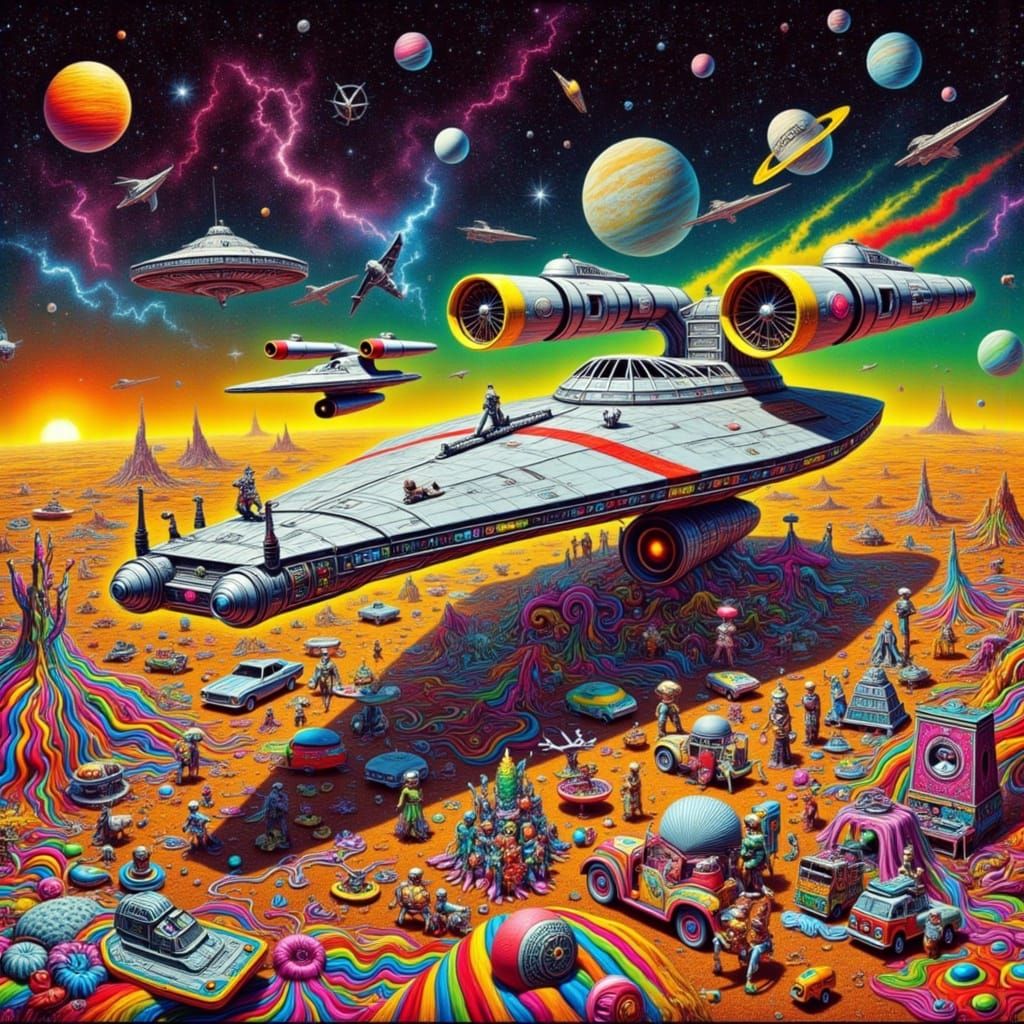 Ethereal Starship in Vibrant Spaceport Scene