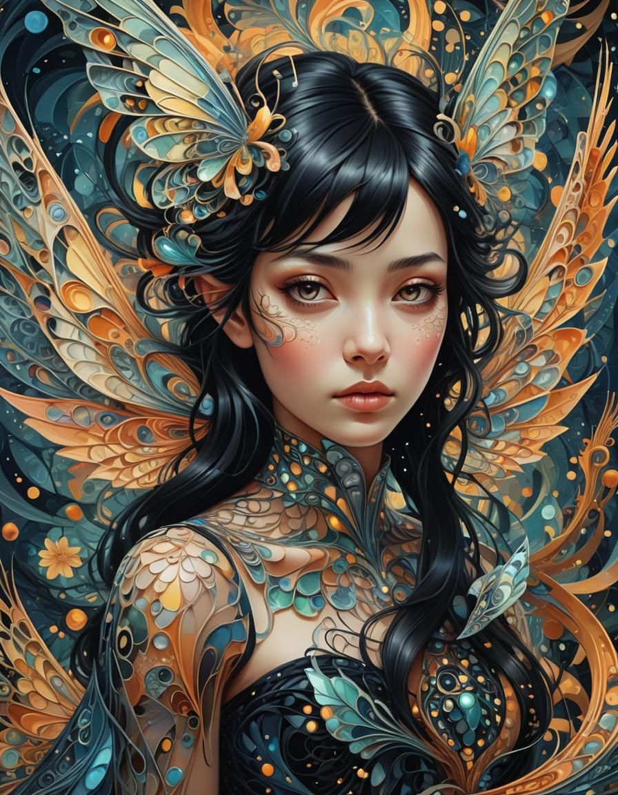 Black-Haired Fairy in Fractal Dreamscape