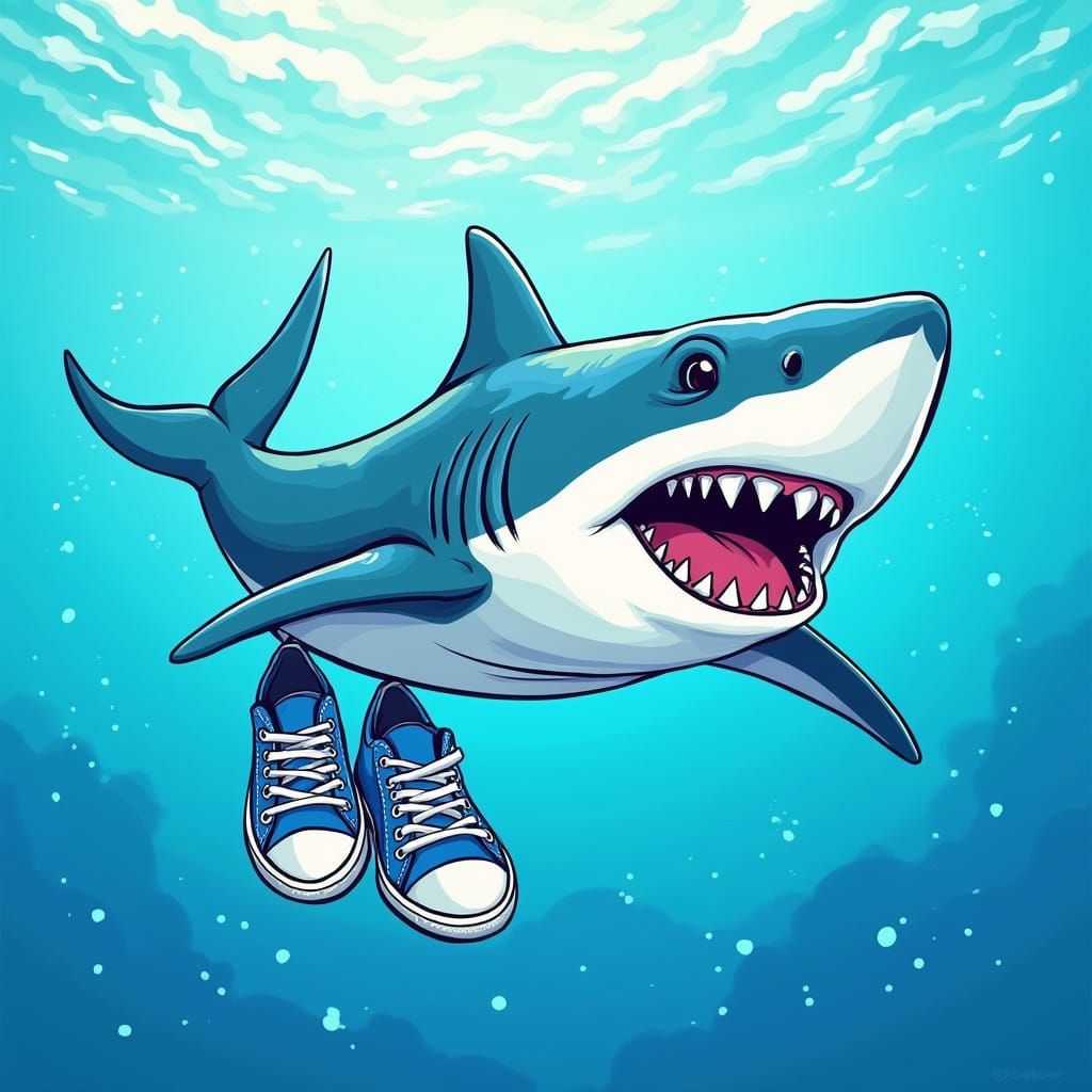 Shark in Blue Sneakers Swims in Vibrant Ocean