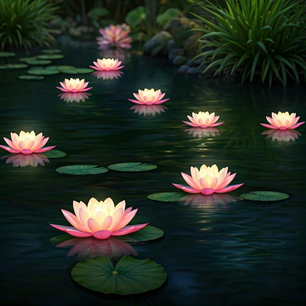 Serene Pond Scene with Radiant Lotus Blooms
