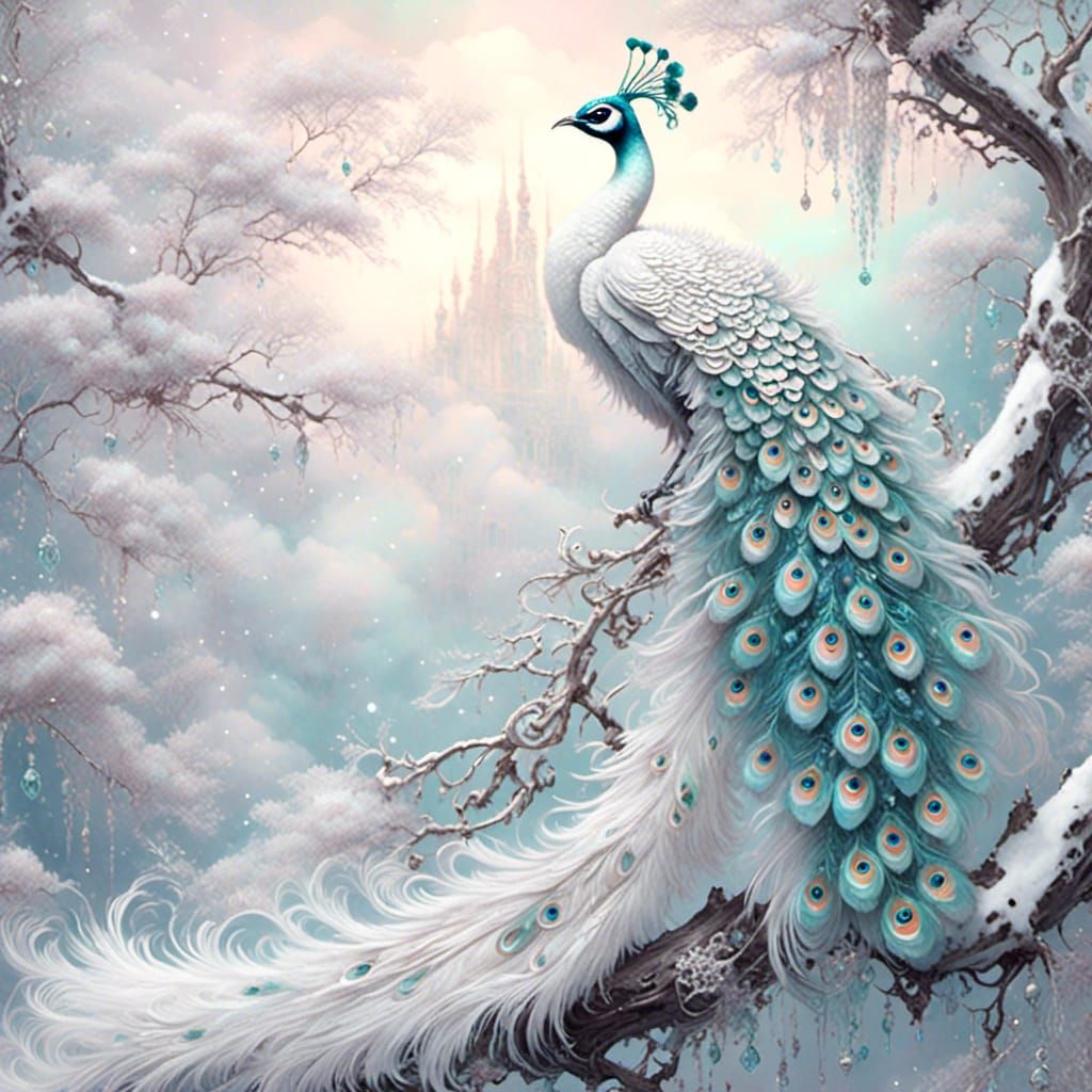 Icy White Peacock in Steampunk Style