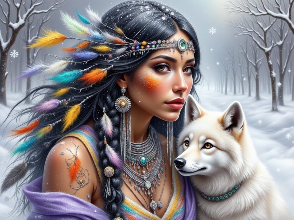 Native American Woman and Wolf Cub in Winter Storm