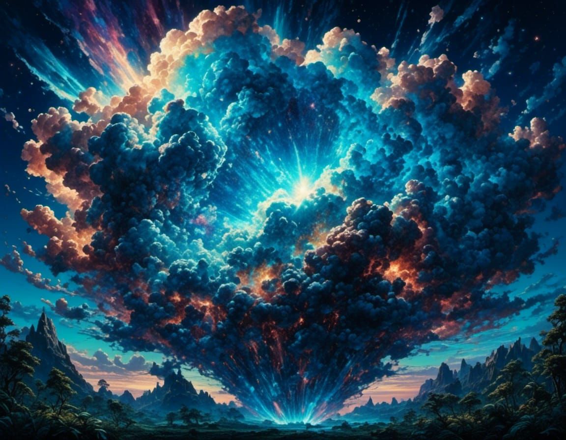 Exploding Glass Galaxy in Bioluminescent Blue