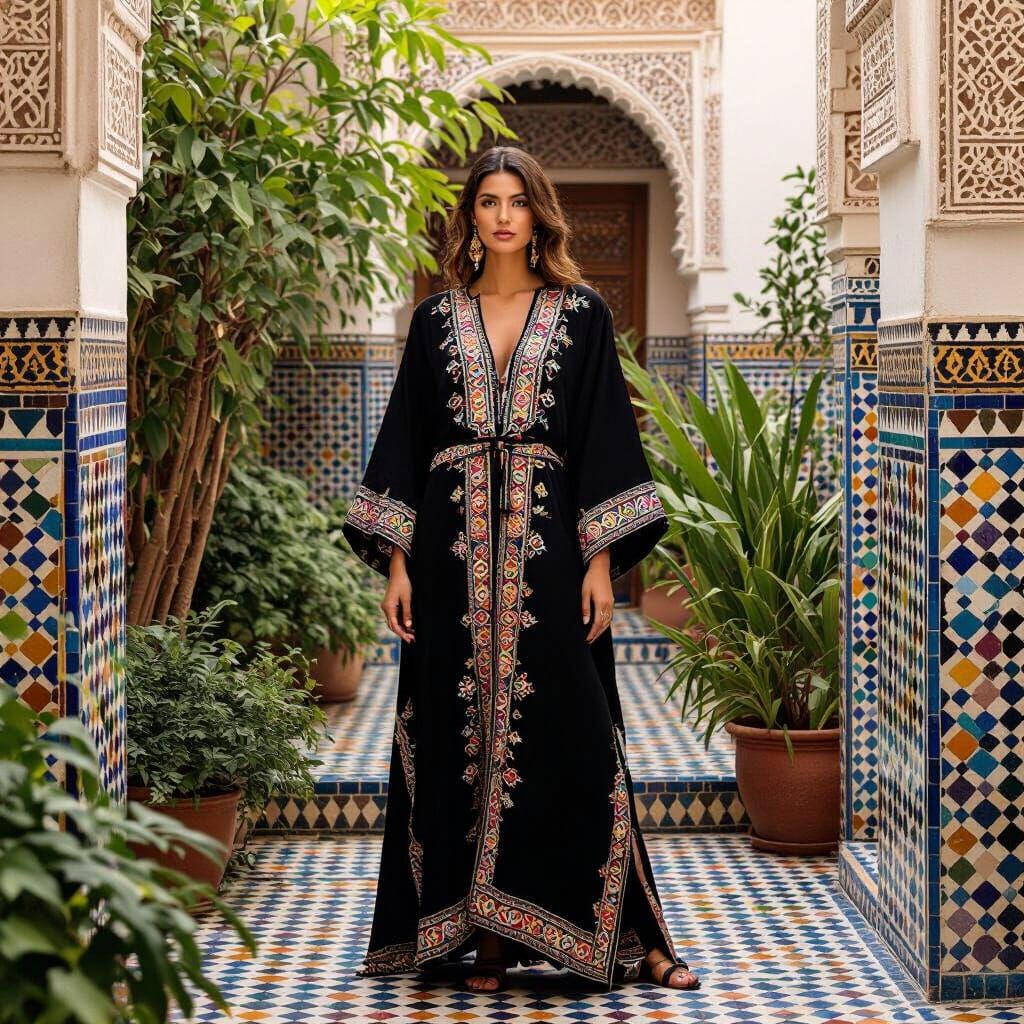 Woman in Moroccan Garden with Zellige Mosaics