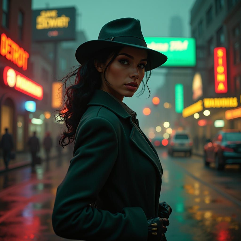 Sultry Detective Goddess Amidst Detroit Noir Dreamscape