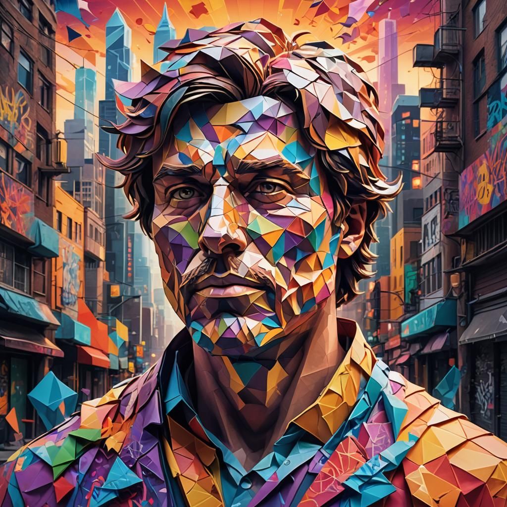 Origami Figure Portrait in Art Nouveau Style