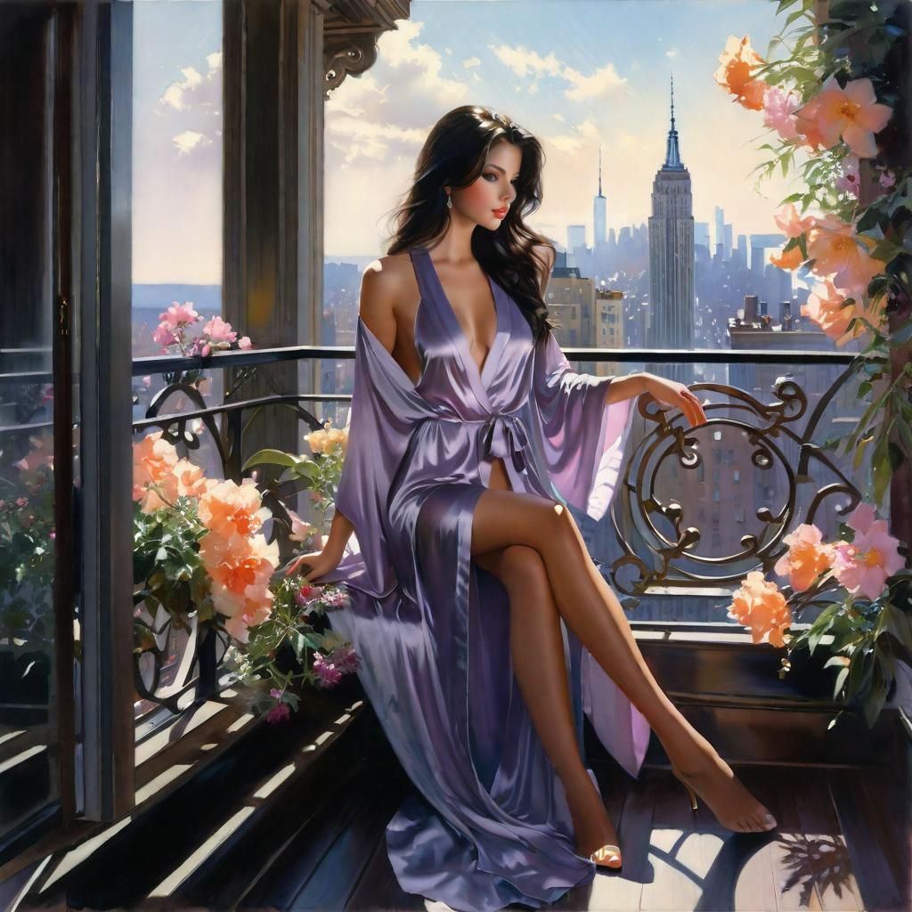 Girl in Silk Robe on Balcony, Watercolor Style