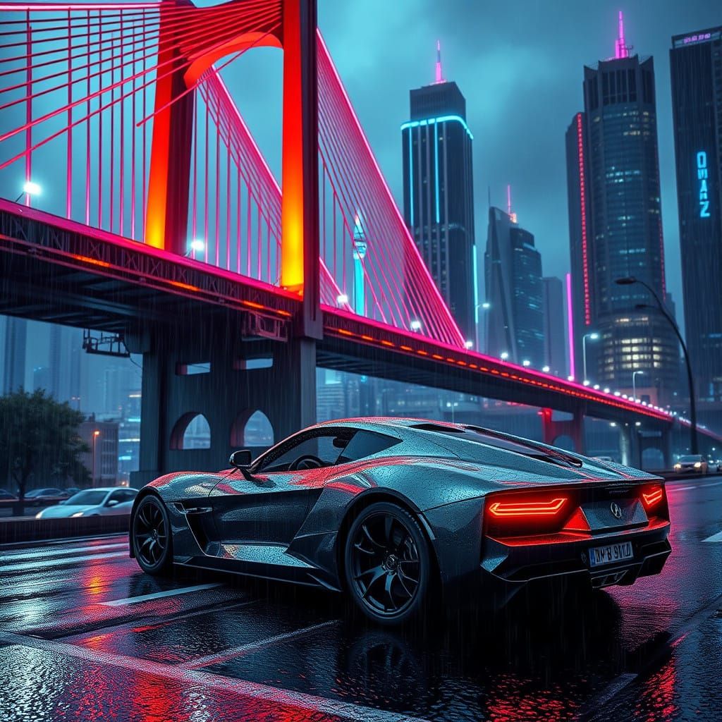 Sleek Sports Car Illuminated by Vibrant Neon Hues