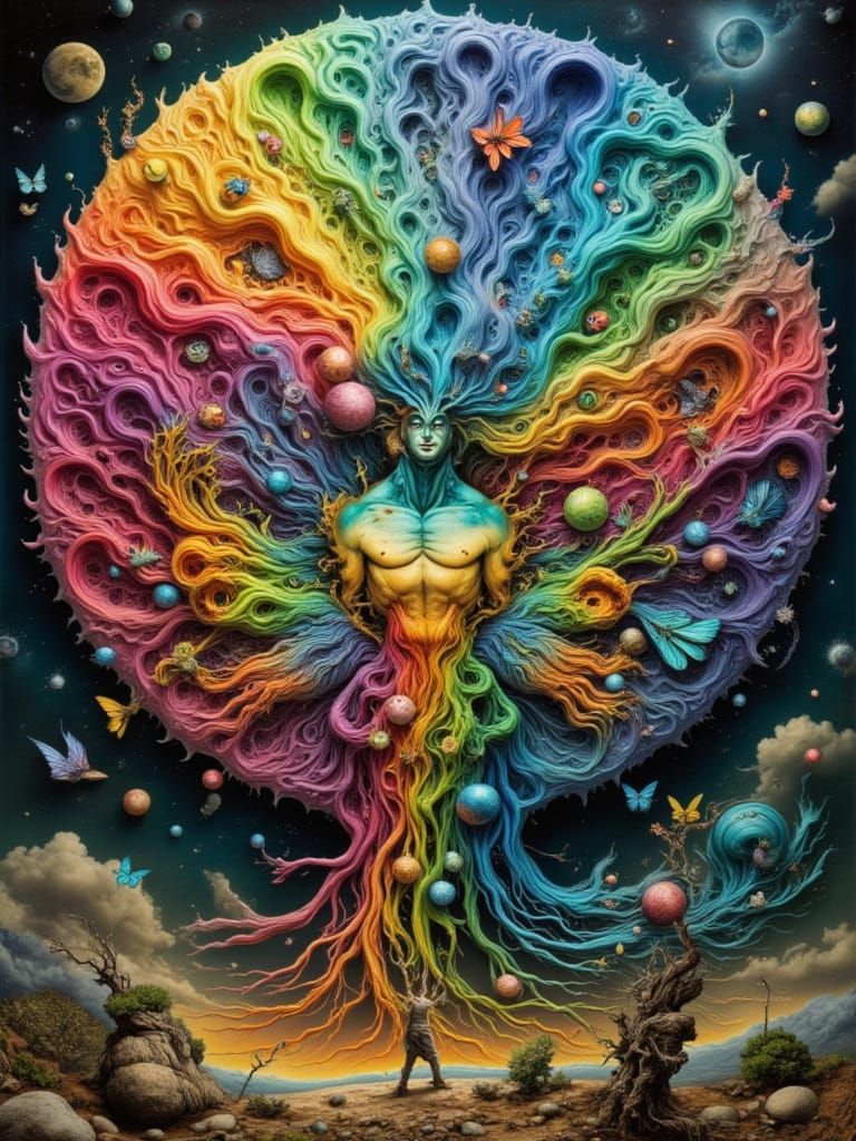 Mutant Peacock Man in Fractal Man's Mouth, Fiery Sky