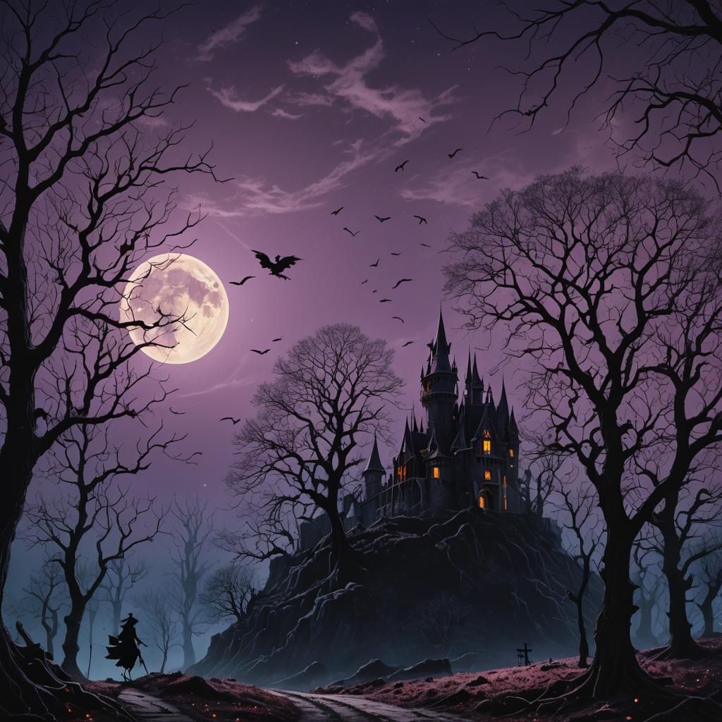 Witch Flying to Haunted Castle: Dark Fantasy Art