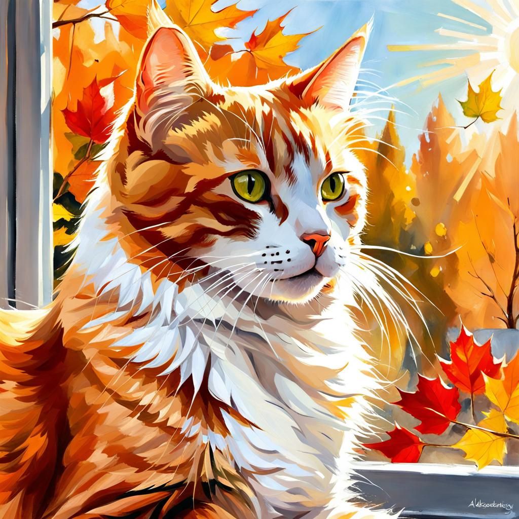 Red Tabby Cat in Autumn Sunlight