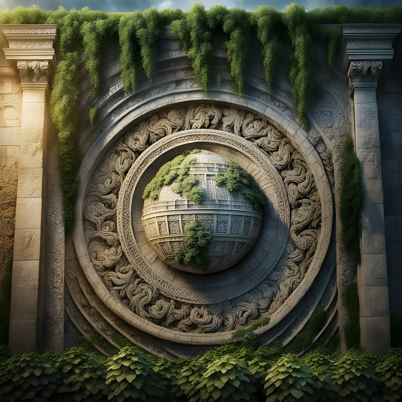 Detailed Stone Carving of Earth with Smoke