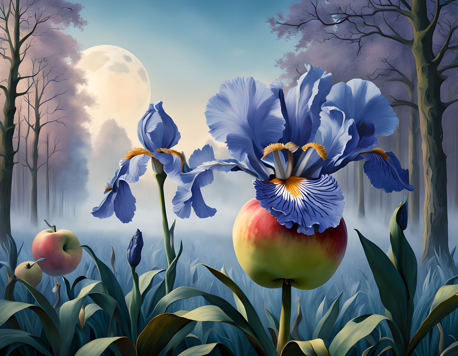 A Giant White Apple as an Eye Stares from a Verdant Meadow