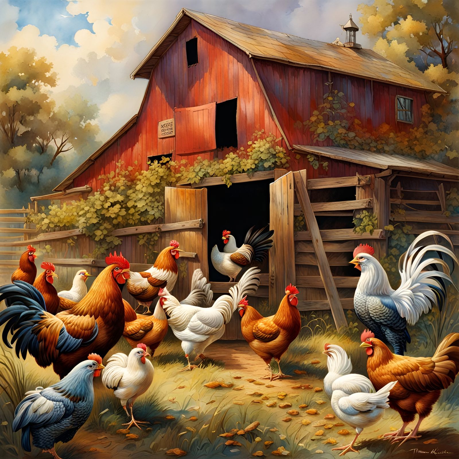 Hyperrealistic Chickens in Barn with Volumetric Lighting